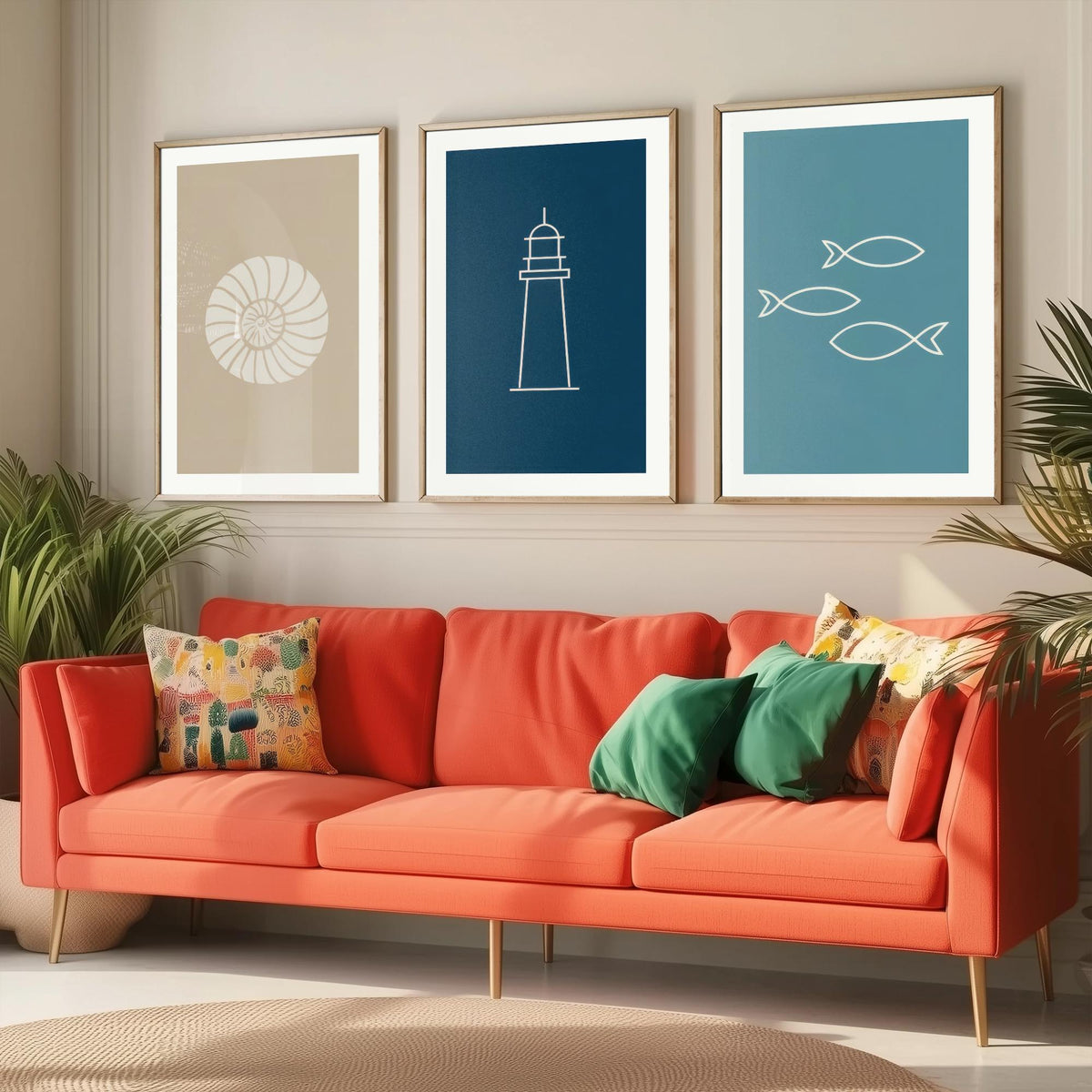 Seashell, Lighthouse & Fish Set of Three Art Prints - Minimalist Nautical Blue Coastal Poster - Sand, Navy and Teal Line Illustration V2