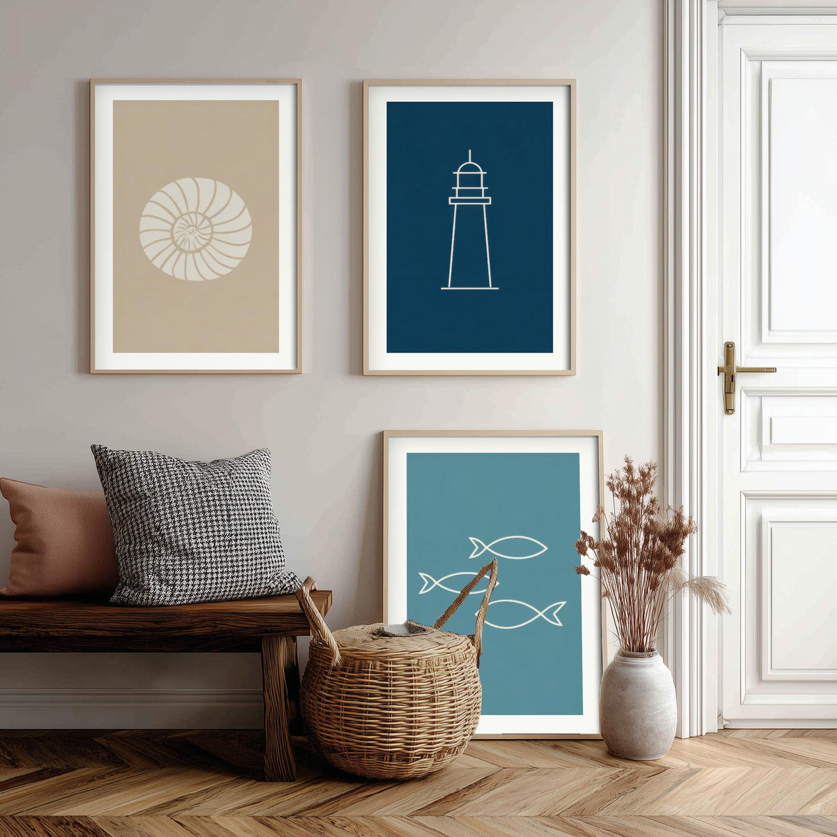 Seashell, Lighthouse & Fish Set of Three Art Prints - Minimalist Nautical Blue Coastal Poster - Sand, Navy and Teal Line Illustration V2