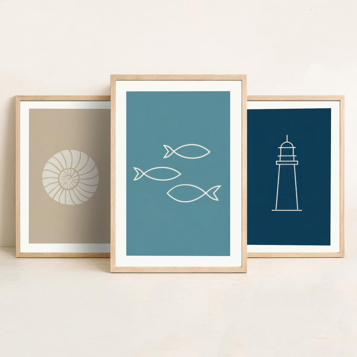 Seashell, Lighthouse & Fish Set of Three Art Prints - Minimalist Nautical Blue Coastal Poster - Sand, Navy and Teal Line Illustration V2