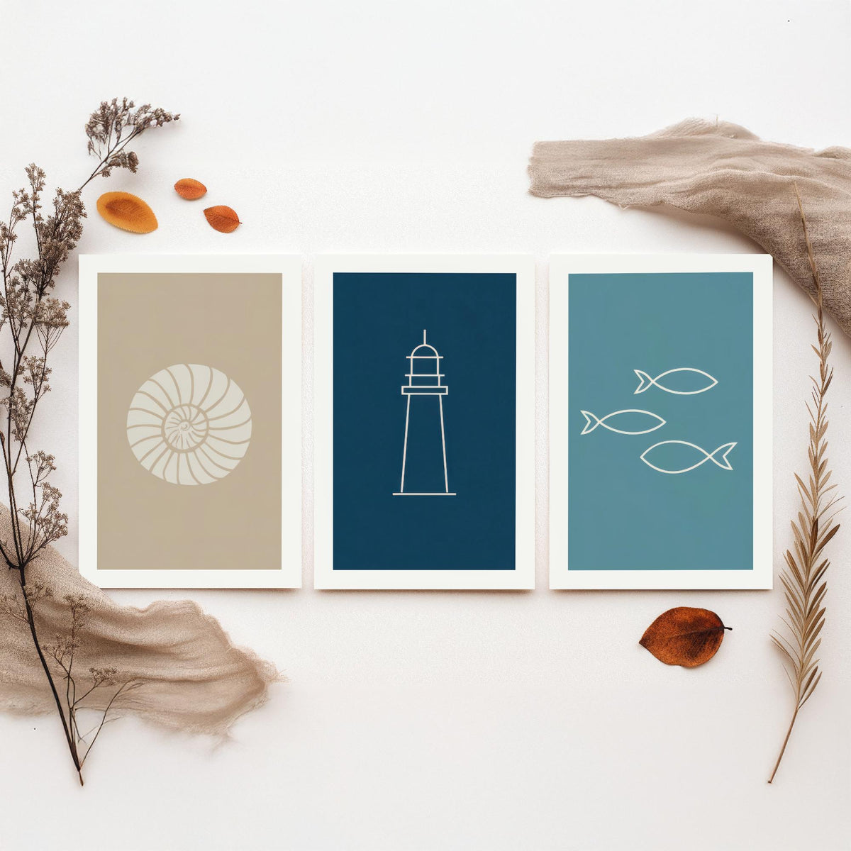 Seashell, Lighthouse & Fish Set of Three Art Prints - Minimalist Nautical Blue Coastal Poster - Sand, Navy and Teal Line Illustration V2