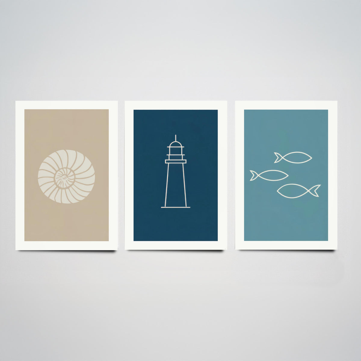 Seashell, Lighthouse & Fish Set of Three Art Prints - Minimalist Nautical Blue Coastal Poster - Sand, Navy and Teal Line Illustration V2