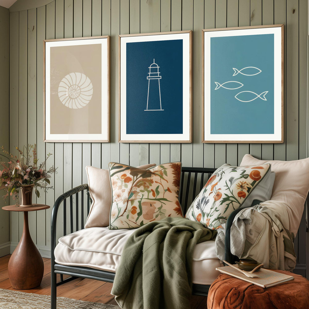 Seashell, Lighthouse & Fish Set of Three Art Prints - Minimalist Nautical Blue Coastal Poster - Sand, Navy and Teal Line Illustration V2