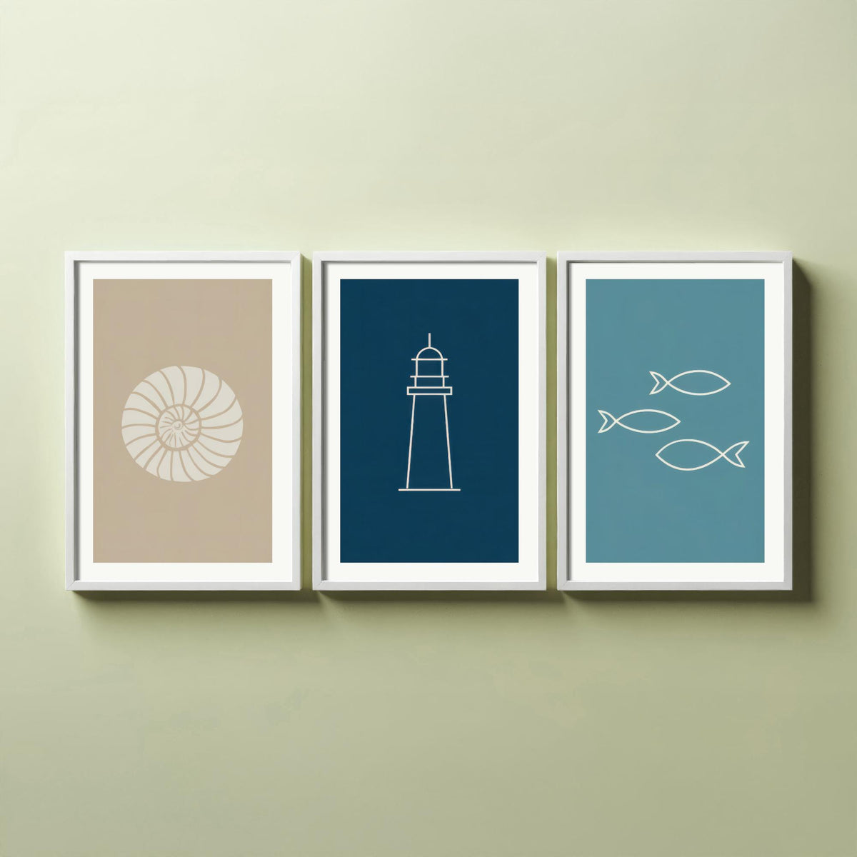Seashell, Lighthouse & Fish Set of Three Art Prints - Minimalist Nautical Blue Coastal Poster - Sand, Navy and Teal Line Illustration V2
