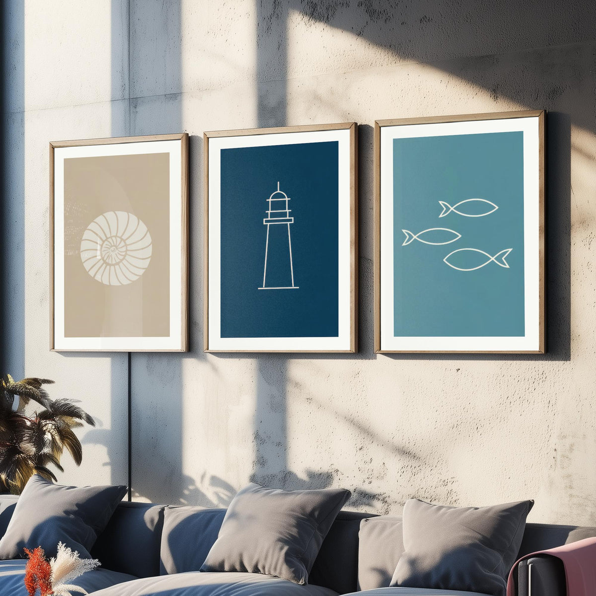 Seashell, Lighthouse & Fish Set of Three Art Prints - Minimalist Nautical Blue Coastal Poster - Sand, Navy and Teal Line Illustration V2