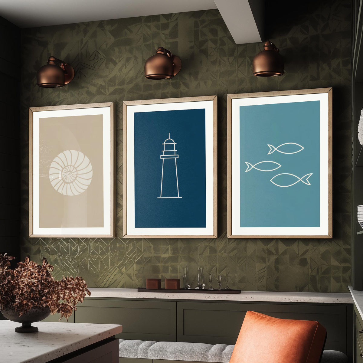Seashell, Lighthouse & Fish Set of Three Art Prints - Minimalist Nautical Blue Coastal Poster - Sand, Navy and Teal Line Illustration V2