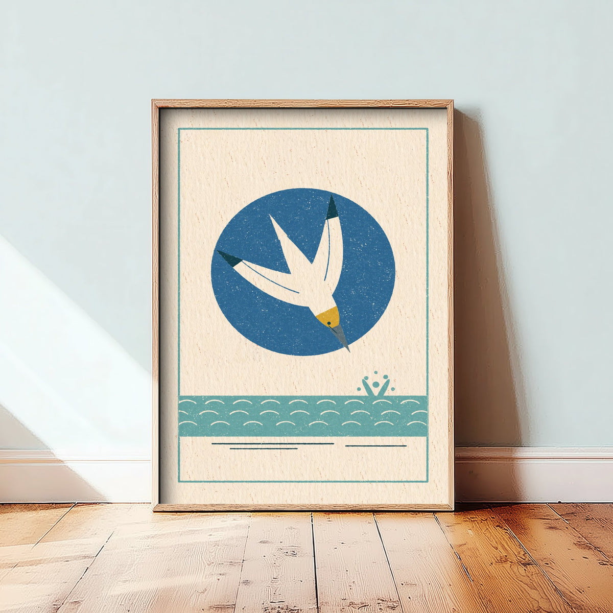 Diving Gannet Art Print - Linocut Style Seabird Poster - Retro Coastal Illustration V2 1/3