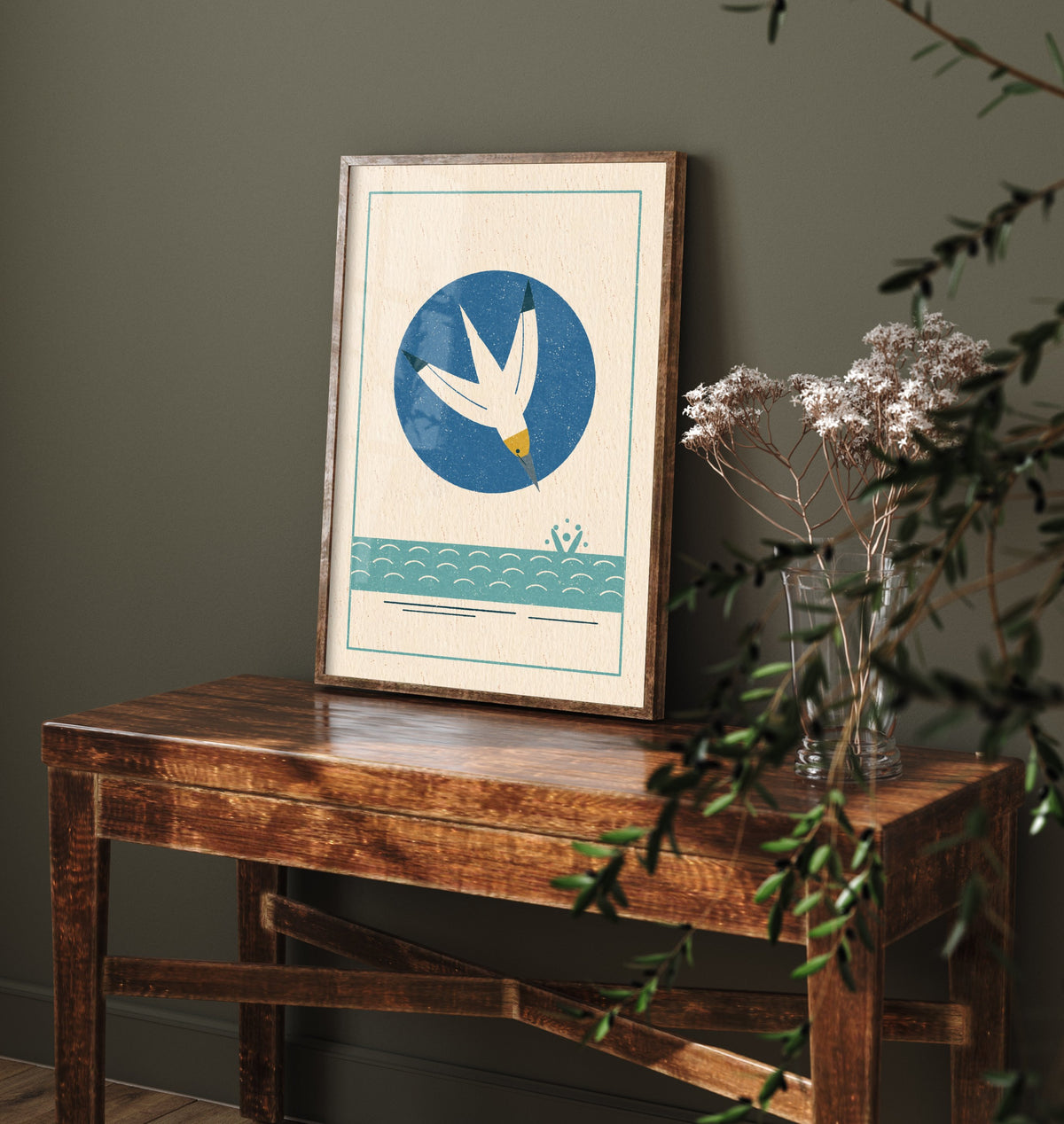 Diving Gannet Art Print - Linocut Style Seabird Poster - Retro Coastal Illustration V2 1/3