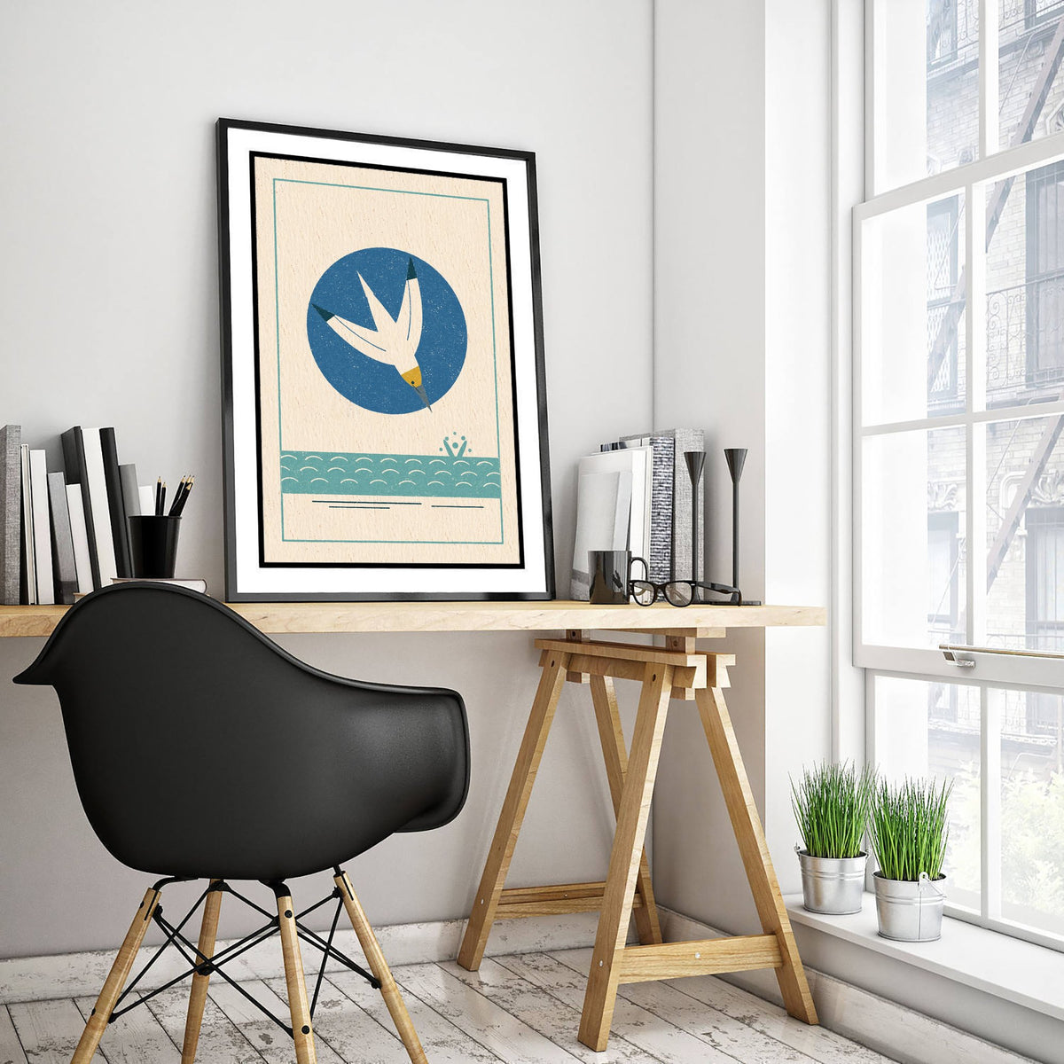 Diving Gannet Art Print - Linocut Style Seabird Poster - Retro Coastal Illustration V2 1/3