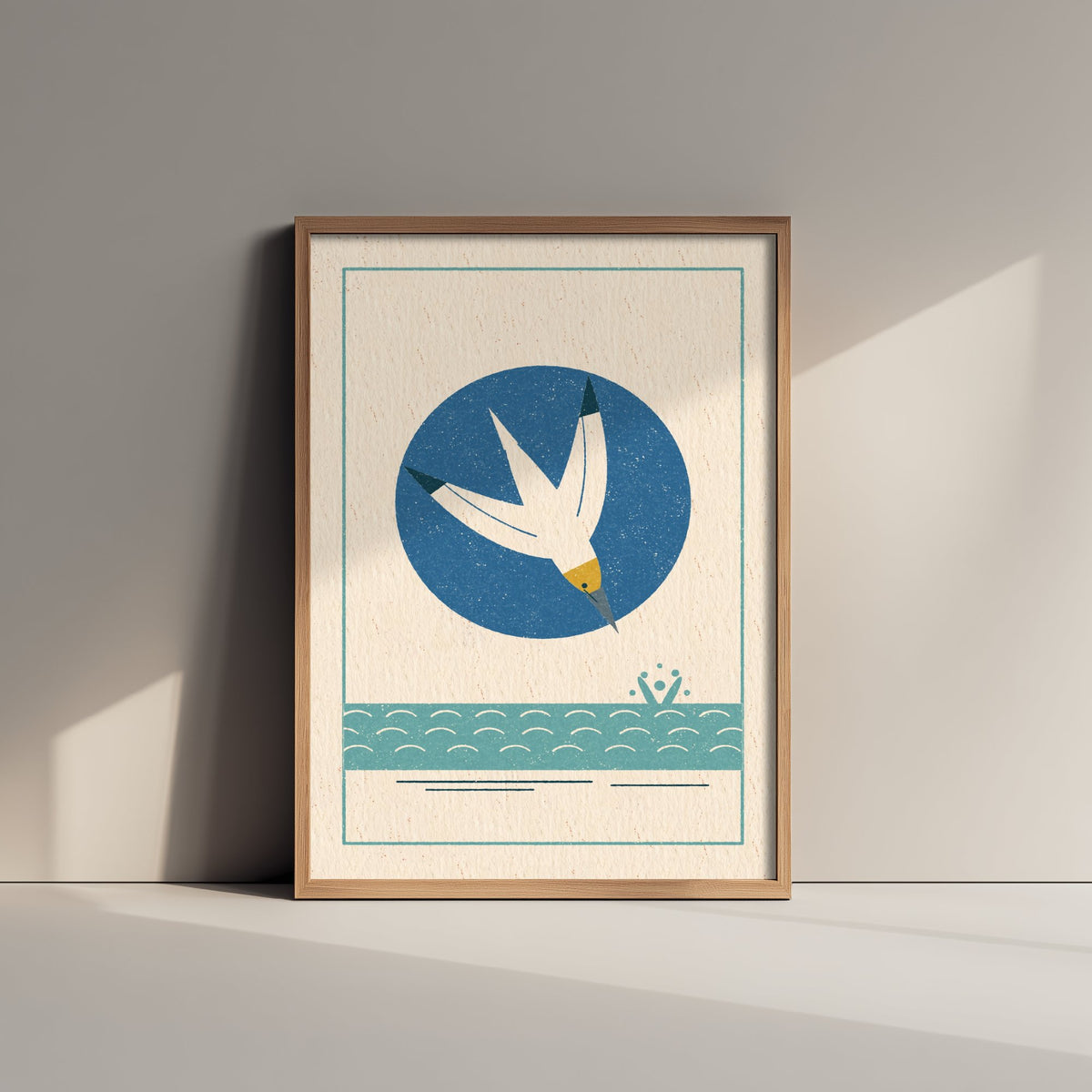 Diving Gannet Art Print - Linocut Style Seabird Poster - Retro Coastal Illustration V2 1/3