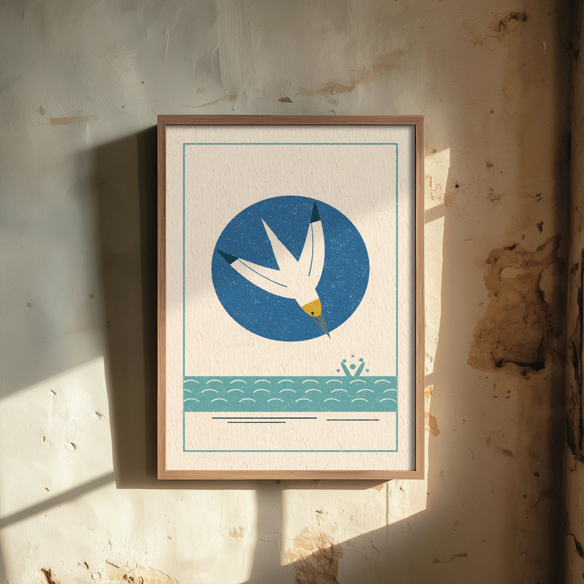 Diving Gannet Art Print - Linocut Style Seabird Poster - Retro Coastal Illustration V2 1/3
