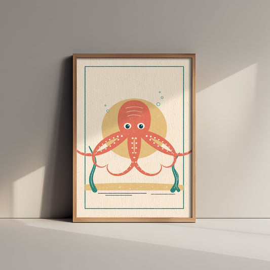 Coral Octopus Art Print - Retro Linocut Sea Creature Poster - Underwater Kids Illustration V2 2/3
