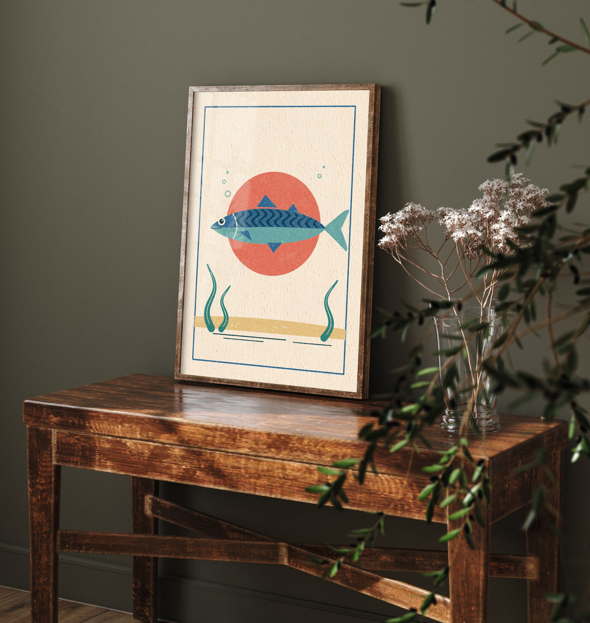 Striped Mackerel Art Print - Linocut Look Fish Poster - Retro Seaside Kitchen Illustration V2 3/3