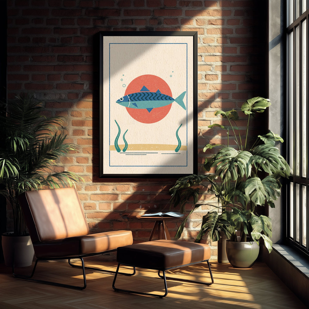 Striped Mackerel Art Print - Linocut Look Fish Poster - Retro Seaside Kitchen Illustration V2 3/3