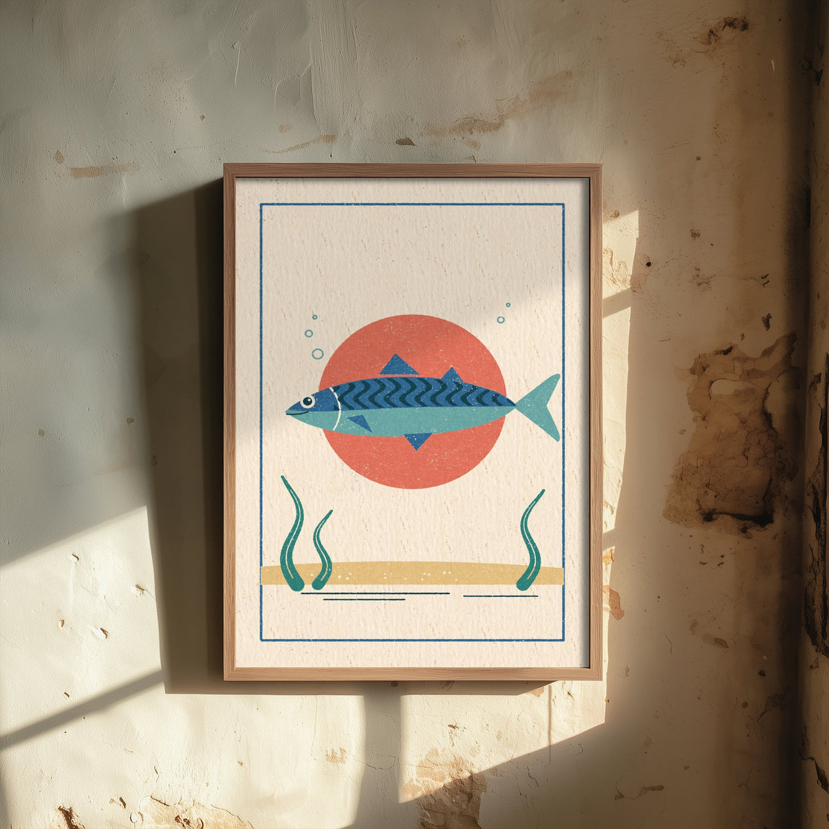 Striped Mackerel Art Print - Linocut Look Fish Poster - Retro Seaside Kitchen Illustration V2 3/3