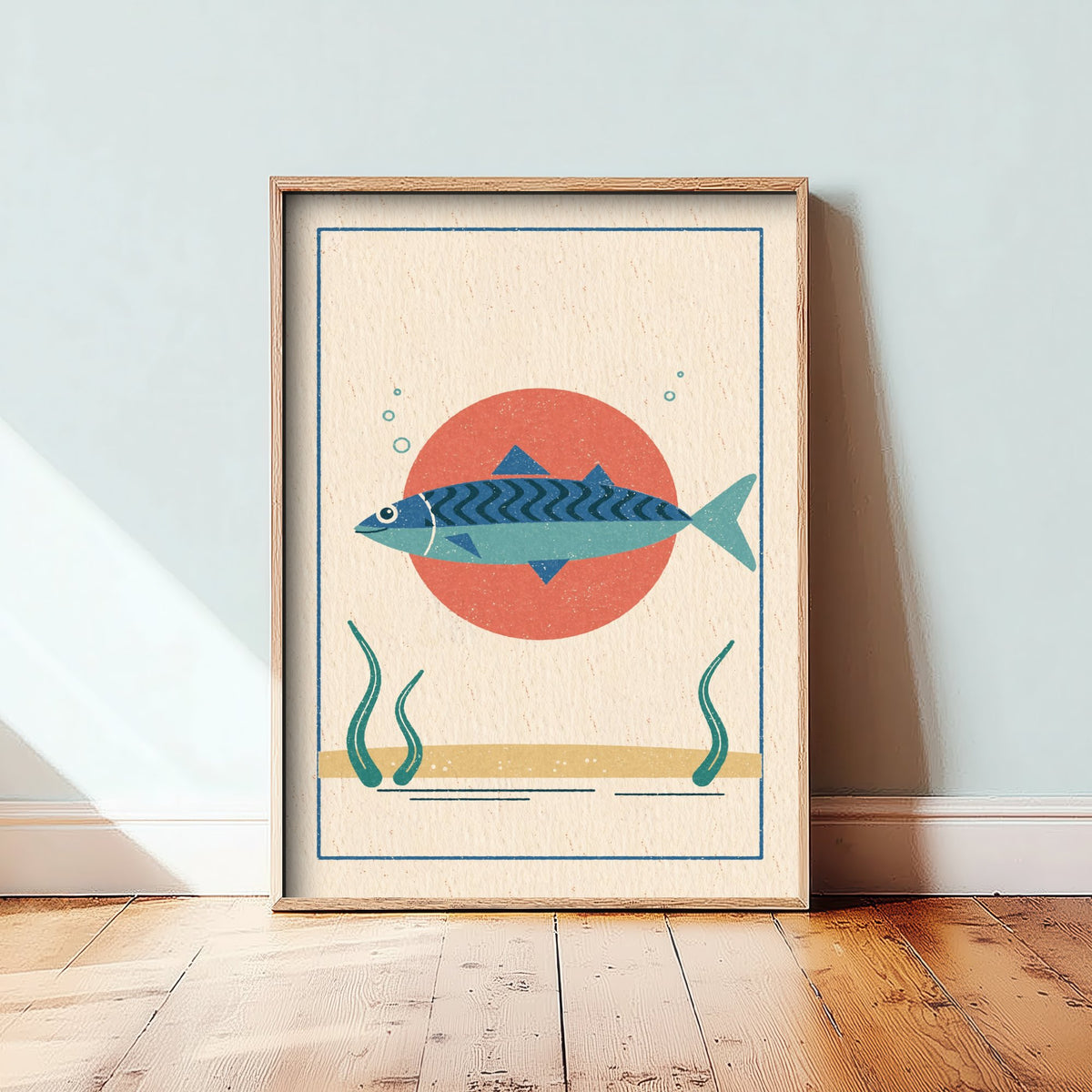 Striped Mackerel Art Print - Linocut Look Fish Poster - Retro Seaside Kitchen Illustration V2 3/3