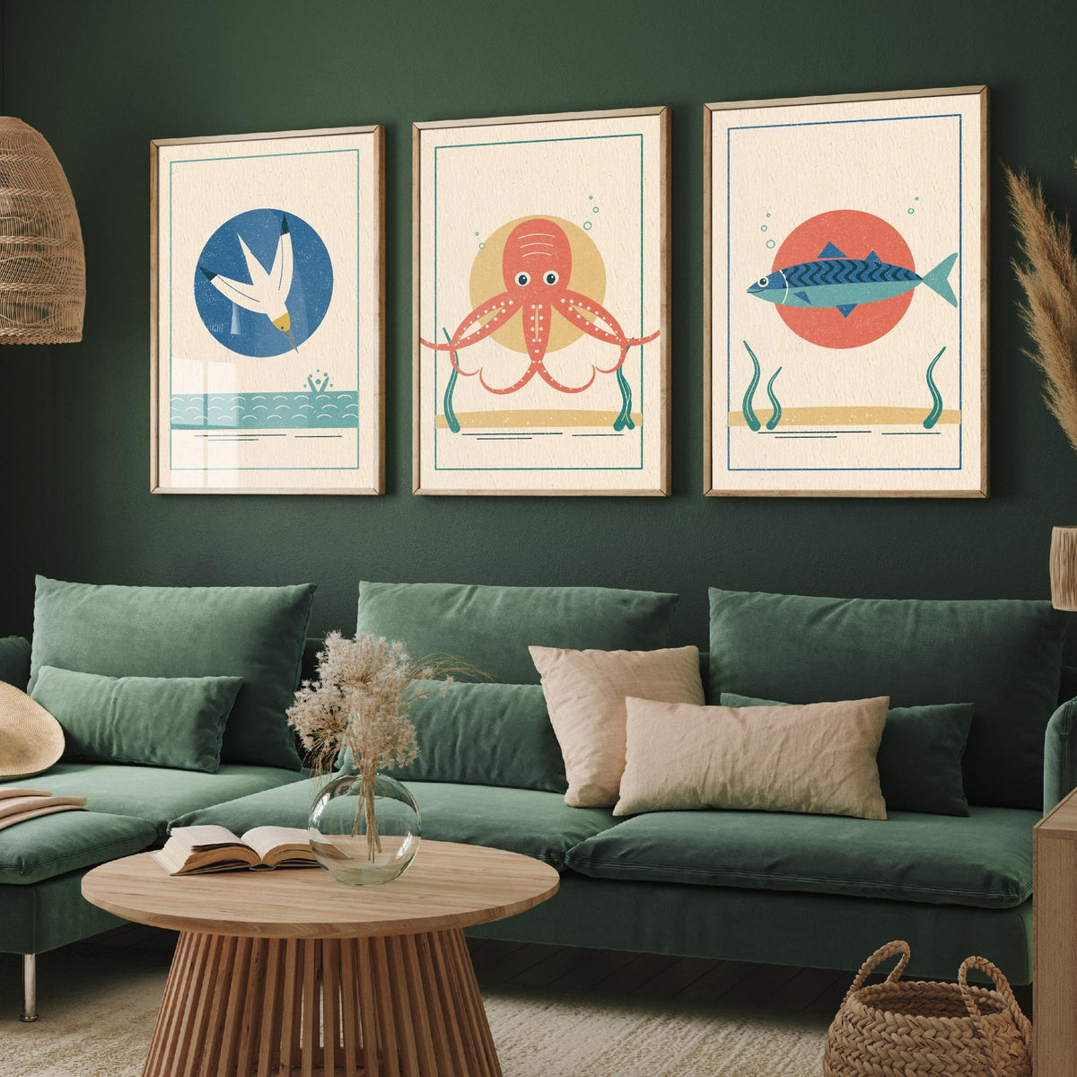 Coastal Sea Life Set of Three Art Prints - Gannet, Octopus, Mackerel - Linocut Style Poster Illustration V2