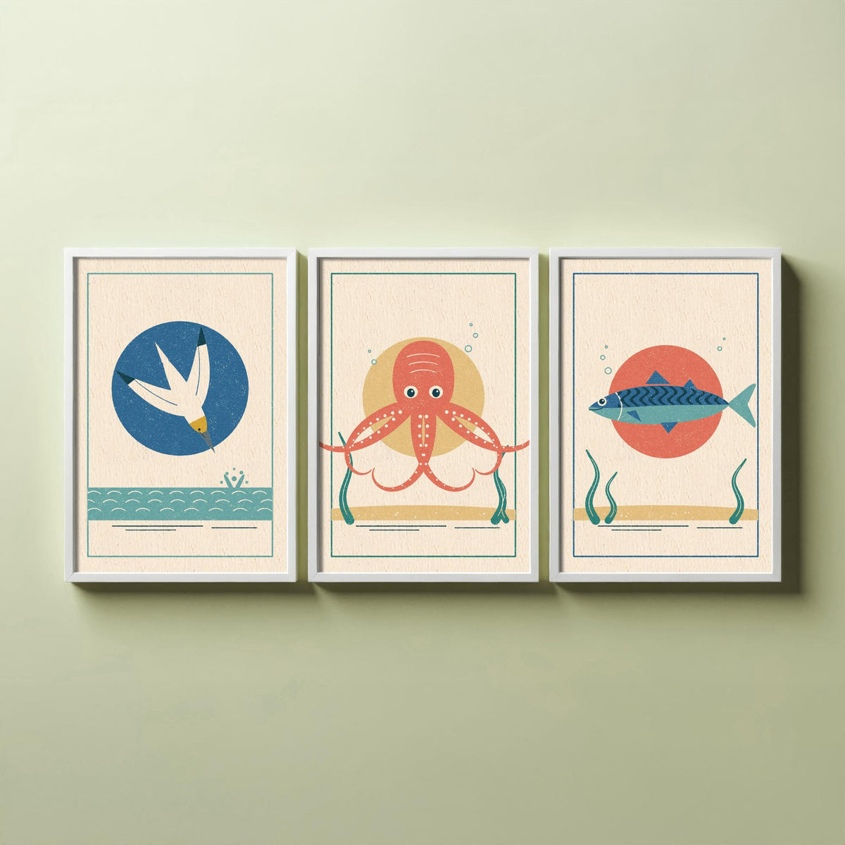 Coastal Sea Life Set of Three Art Prints - Gannet, Octopus, Mackerel - Linocut Style Poster Illustration V2