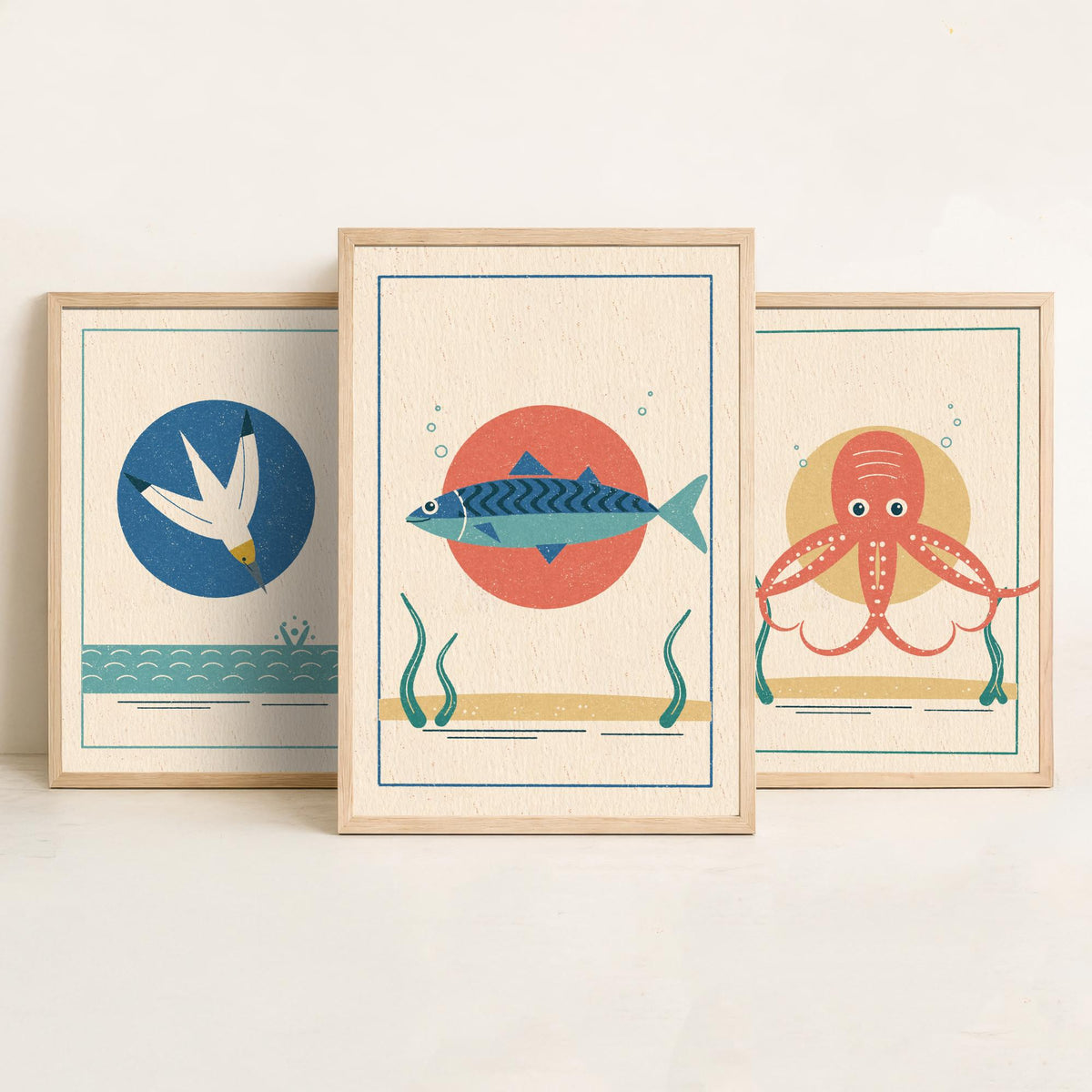 Coastal Sea Life Set of Three Art Prints - Gannet, Octopus, Mackerel - Linocut Style Poster Illustration V2