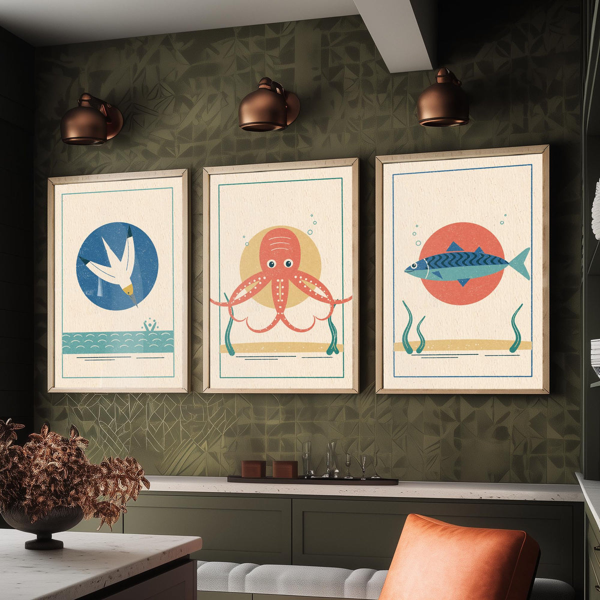 Coastal Sea Life Set of Three Art Prints - Gannet, Octopus, Mackerel - Linocut Style Poster Illustration V2