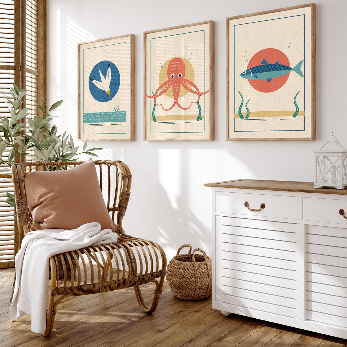 Coastal Sea Life Set of Three Art Prints - Gannet, Octopus, Mackerel - Linocut Style Poster Illustration V2