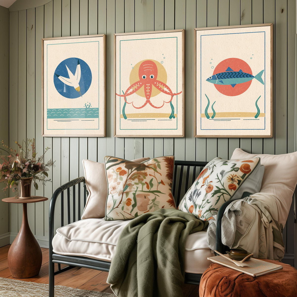 Coastal Sea Life Set of Three Art Prints - Gannet, Octopus, Mackerel - Linocut Style Poster Illustration V2