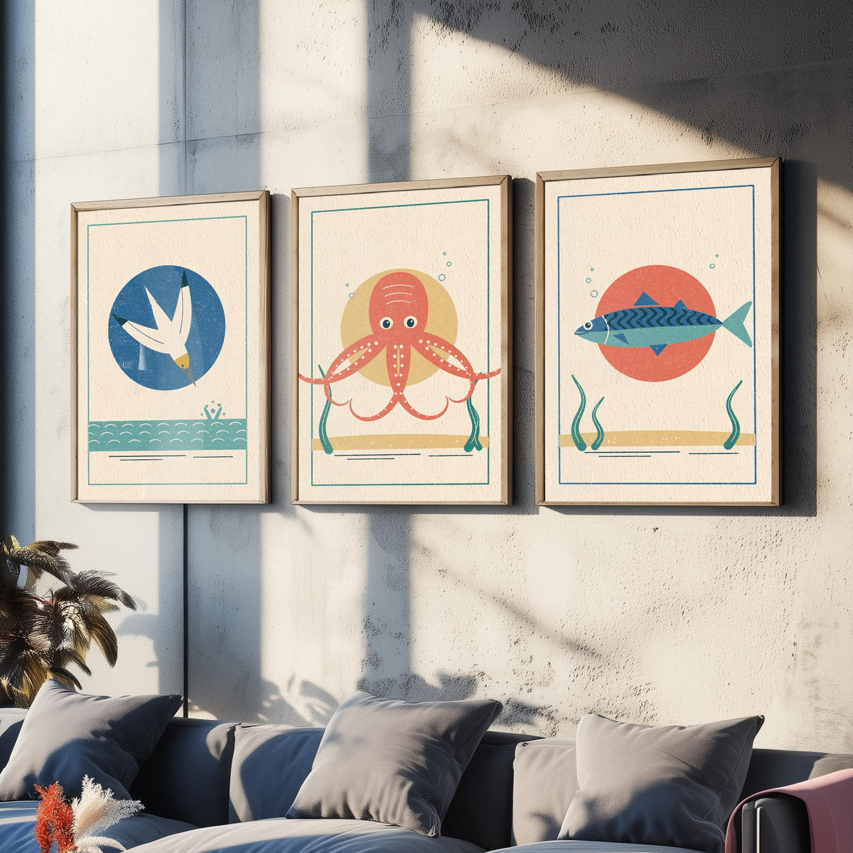 Coastal Sea Life Set of Three Art Prints - Gannet, Octopus, Mackerel - Linocut Style Poster Illustration V2