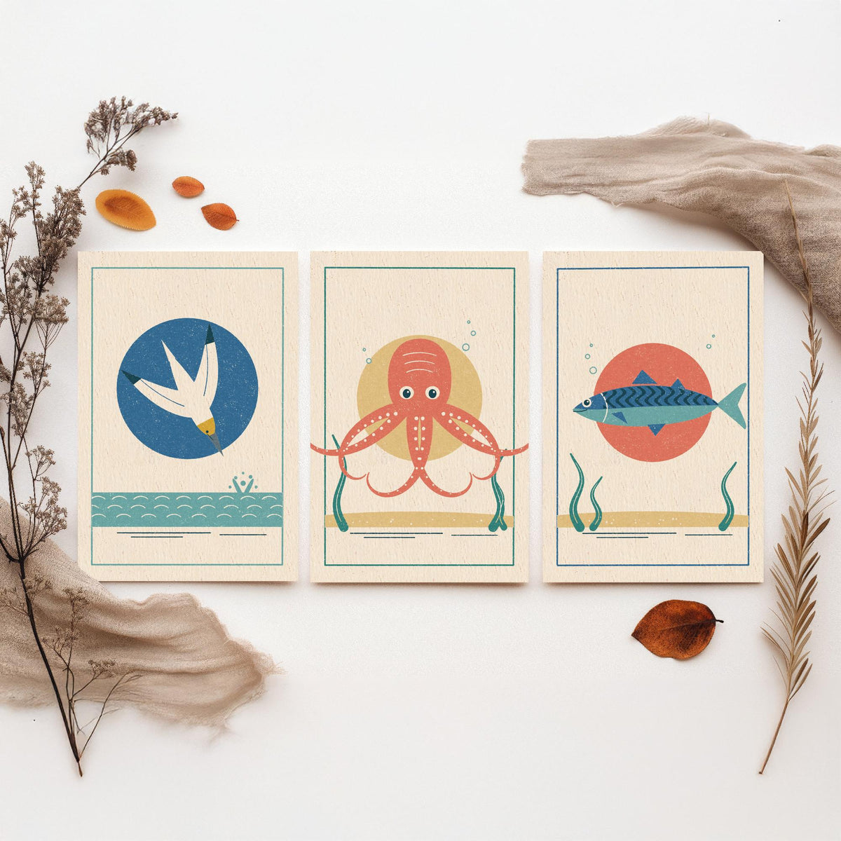 Coastal Sea Life Set of Three Art Prints - Gannet, Octopus, Mackerel - Linocut Style Poster Illustration V2