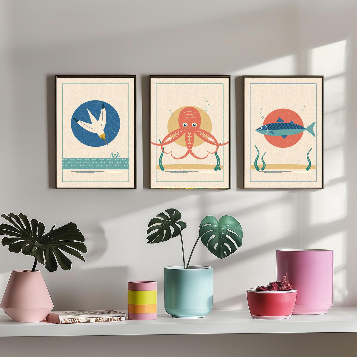 Coastal Sea Life Set of Three Art Prints - Gannet, Octopus, Mackerel - Linocut Style Poster Illustration V2