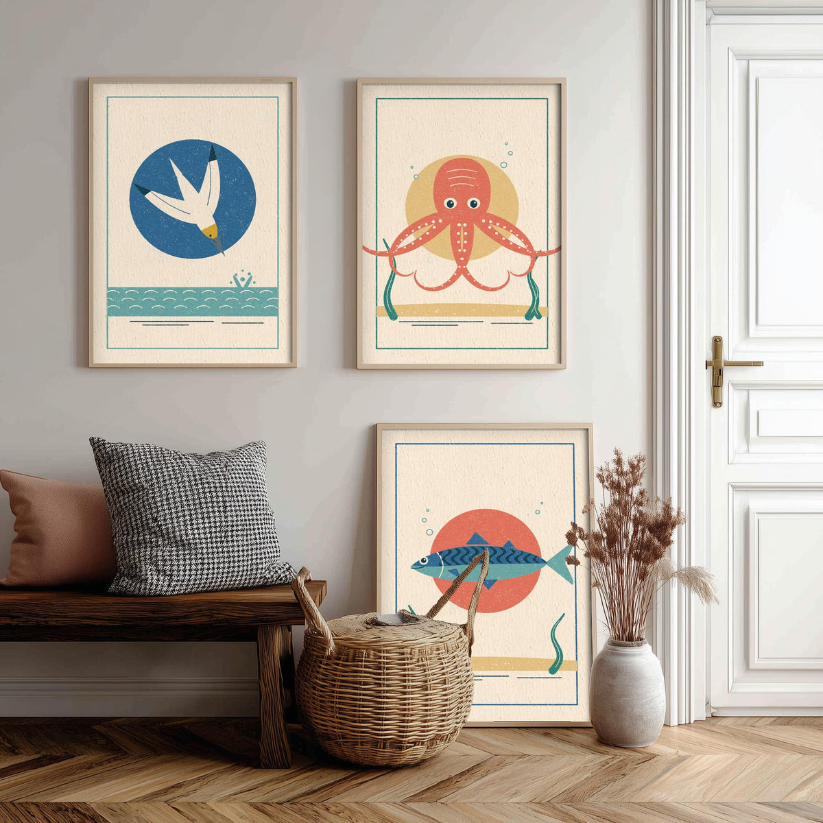 Coastal Sea Life Set of Three Art Prints - Gannet, Octopus, Mackerel - Linocut Style Poster Illustration V2