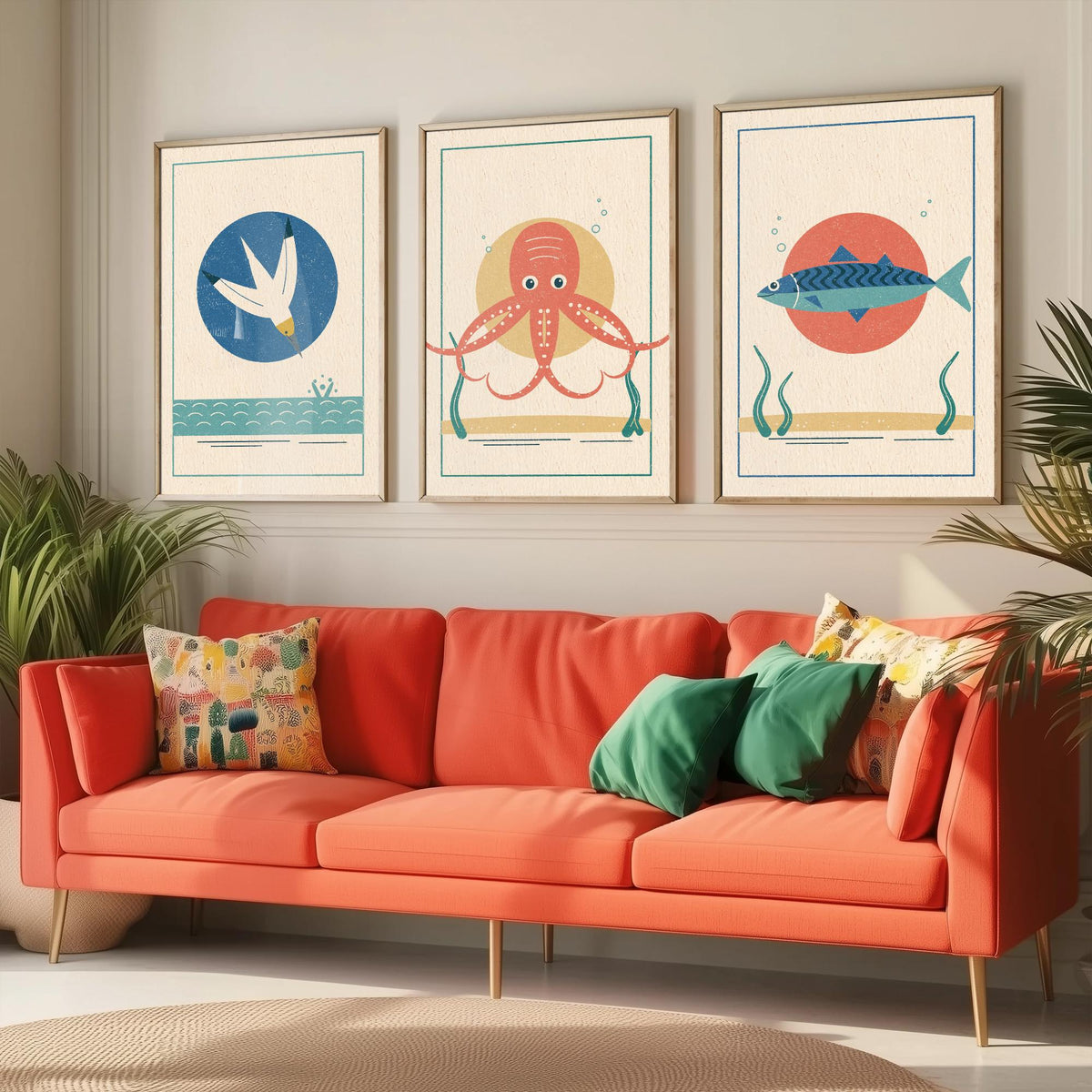 Coastal Sea Life Set of Three Art Prints - Gannet, Octopus, Mackerel - Linocut Style Poster Illustration V2