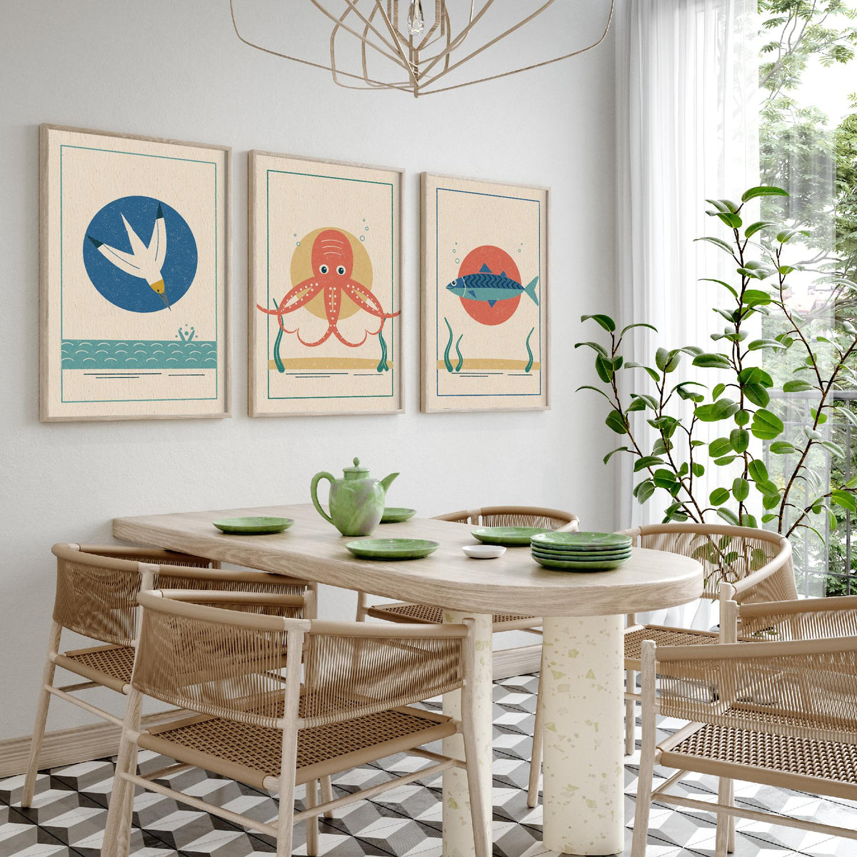 Coastal Sea Life Set of Three Art Prints - Gannet, Octopus, Mackerel - Linocut Style Poster Illustration V2