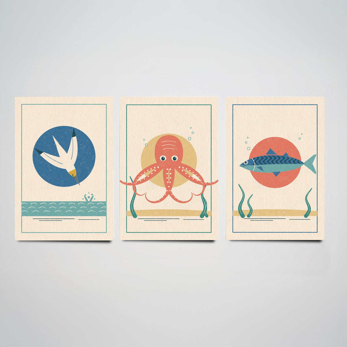Coastal Sea Life Set of Three Art Prints - Gannet, Octopus, Mackerel - Linocut Style Poster Illustration V2