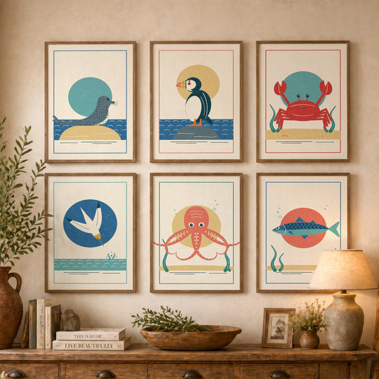Set of Six Coastal Sea Life Art Prints - 6 Linocut Style Posters - Seal, Puffin, Crab, Gannet, Octopus, Mackerel Illustration