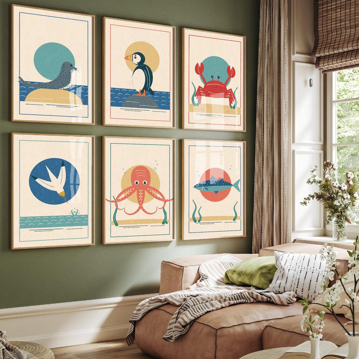 Set of Six Coastal Sea Life Art Prints - 6 Linocut Style Posters - Seal, Puffin, Crab, Gannet, Octopus, Mackerel Illustration