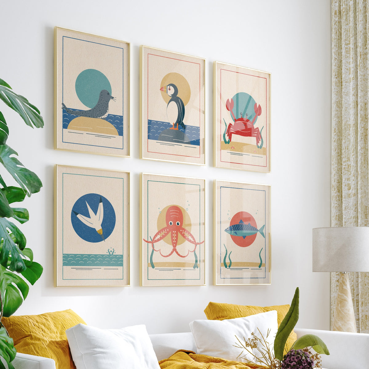 Set of Six Coastal Sea Life Art Prints - 6 Linocut Style Posters - Seal, Puffin, Crab, Gannet, Octopus, Mackerel Illustration