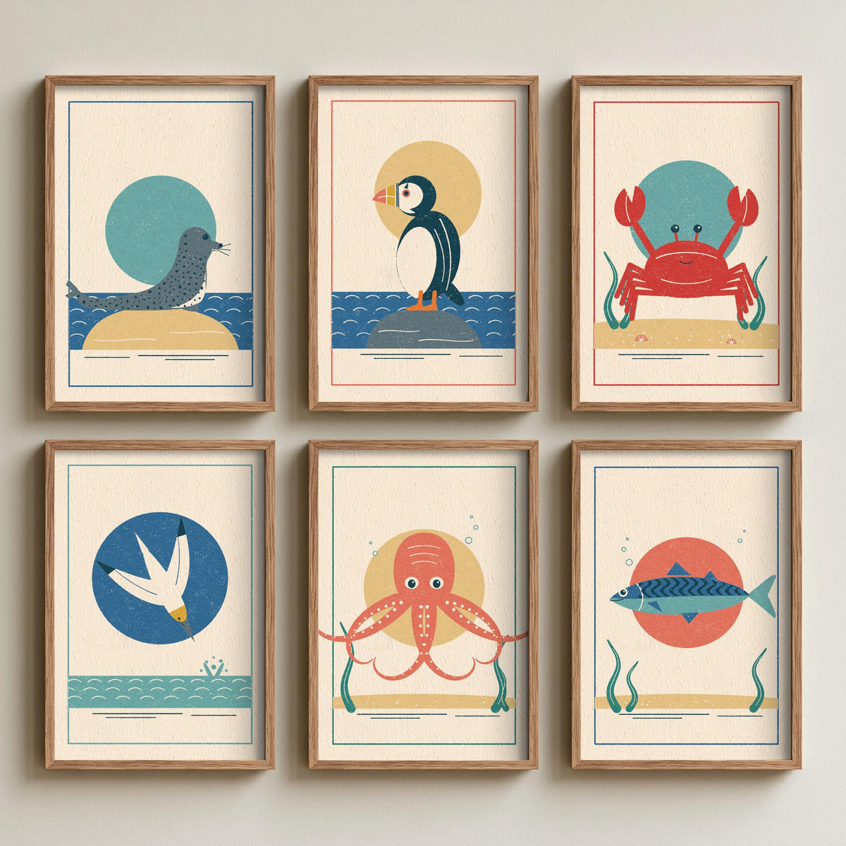 Set of Six Coastal Sea Life Art Prints - 6 Linocut Style Posters - Seal, Puffin, Crab, Gannet, Octopus, Mackerel Illustration