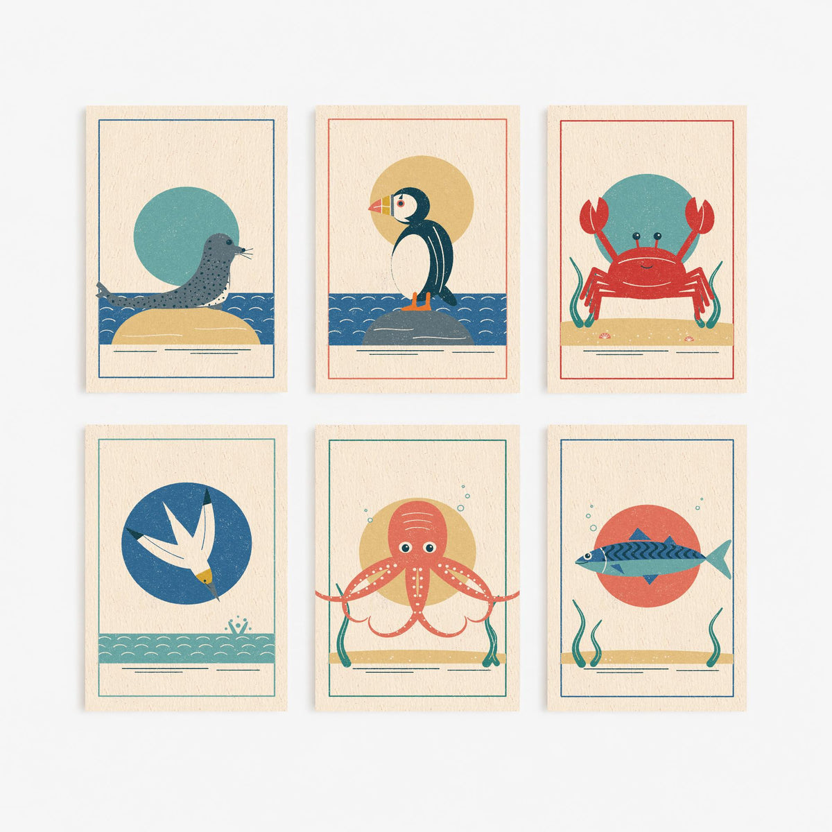 Set of Six Coastal Sea Life Art Prints - 6 Linocut Style Posters - Seal, Puffin, Crab, Gannet, Octopus, Mackerel Illustration