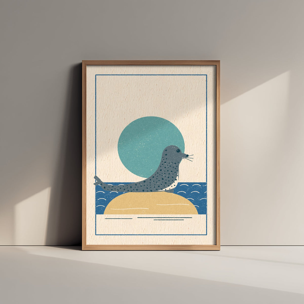Spotted Seal Art Print - British Coast Linocut Style Poster - Sandbank Wildlife Illustration V1 1/3
