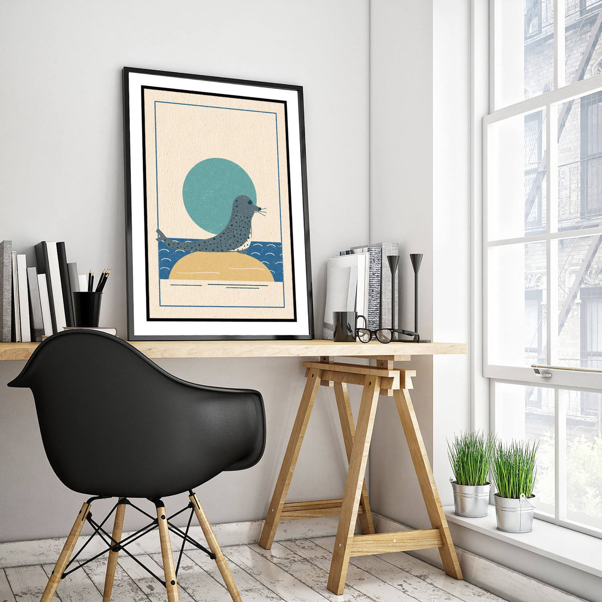 Spotted Seal Art Print - British Coast Linocut Style Poster - Sandbank Wildlife Illustration V1 1/3