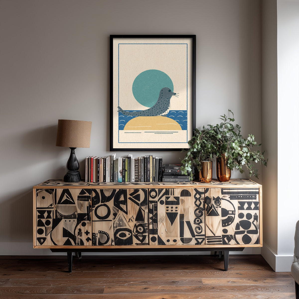 Spotted Seal Art Print - British Coast Linocut Style Poster - Sandbank Wildlife Illustration V1 1/3