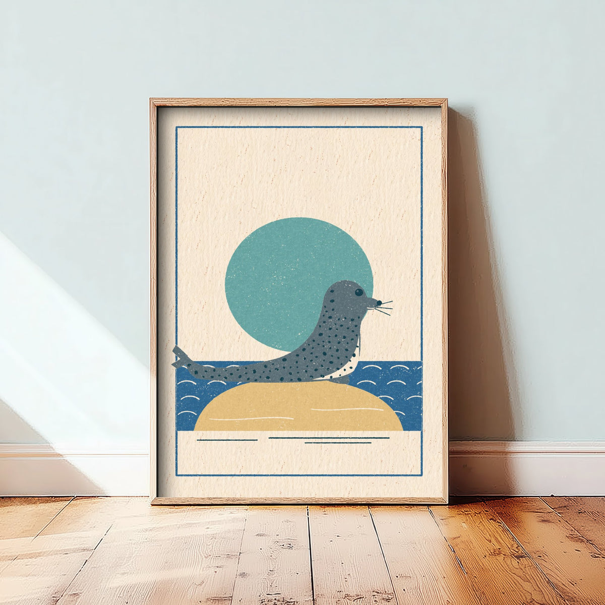 Spotted Seal Art Print - British Coast Linocut Style Poster - Sandbank Wildlife Illustration V1 1/3