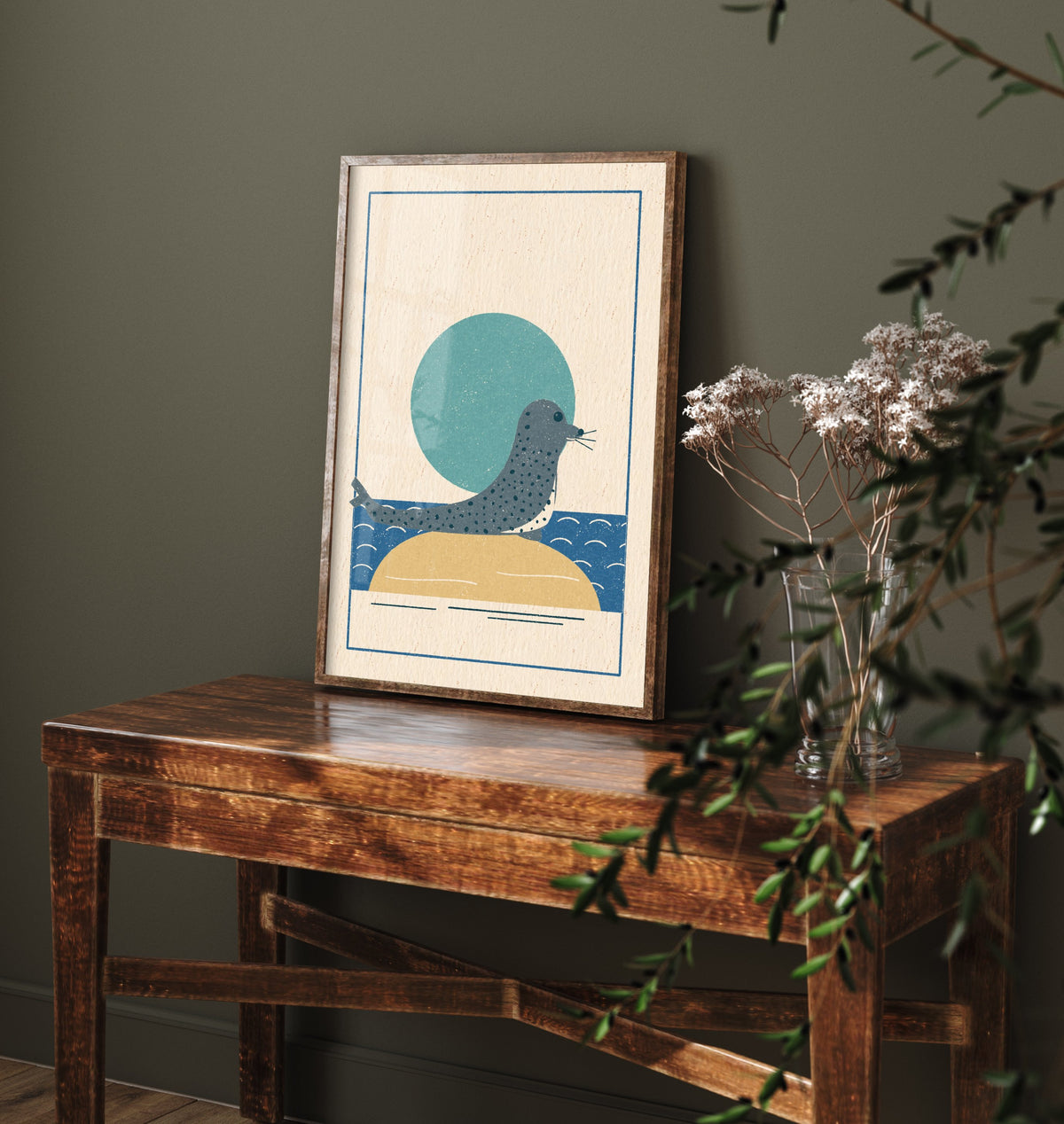 Spotted Seal Art Print - British Coast Linocut Style Poster - Sandbank Wildlife Illustration V1 1/3