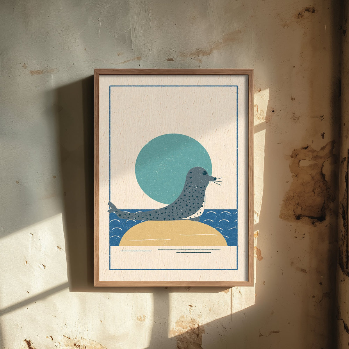 Spotted Seal Art Print - British Coast Linocut Style Poster - Sandbank Wildlife Illustration V1 1/3