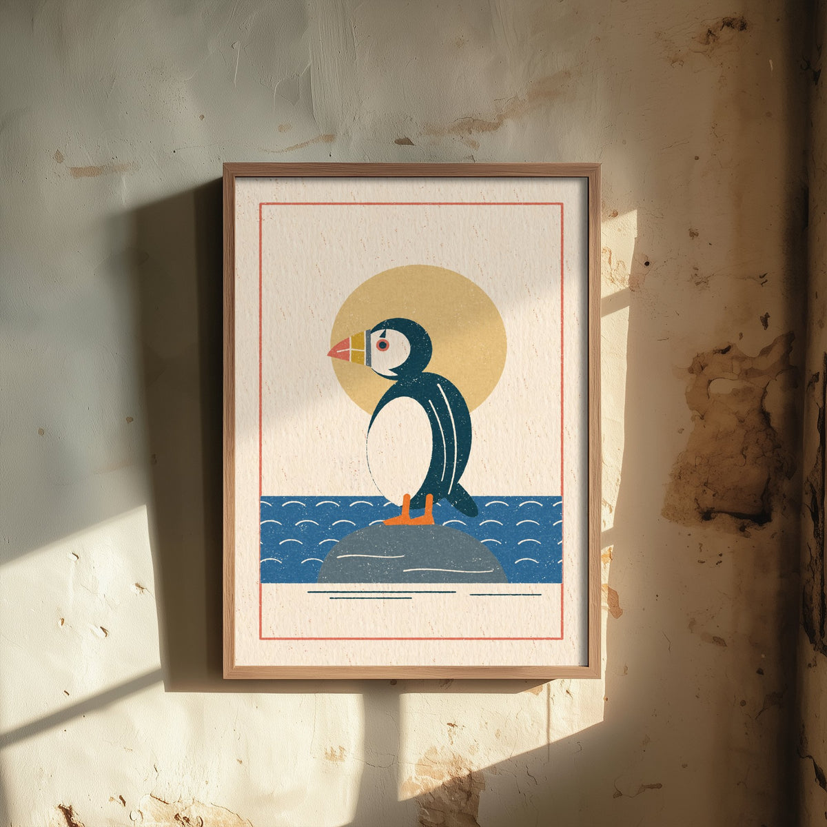 Puffin Art Print - Retro Seabird Poster - Linocut Style Clifftop Illustration V1 2/3