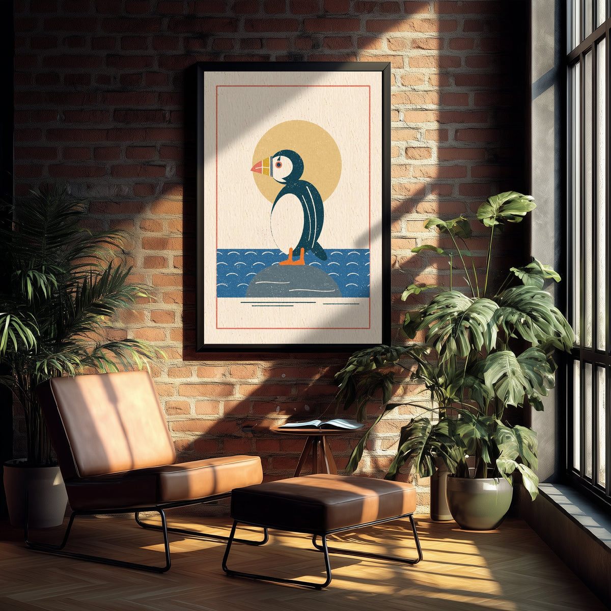Puffin Art Print - Retro Seabird Poster - Linocut Style Clifftop Illustration V1 2/3