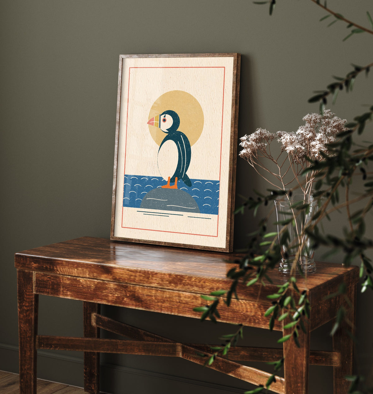 Puffin Art Print - Retro Seabird Poster - Linocut Style Clifftop Illustration V1 2/3
