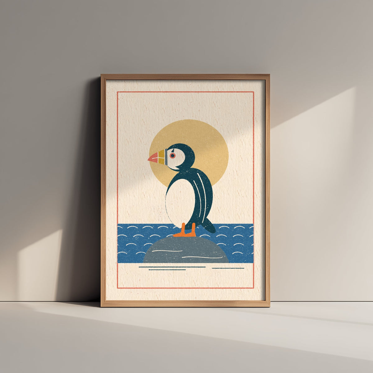 Puffin Art Print - Retro Seabird Poster - Linocut Style Clifftop Illustration V1 2/3