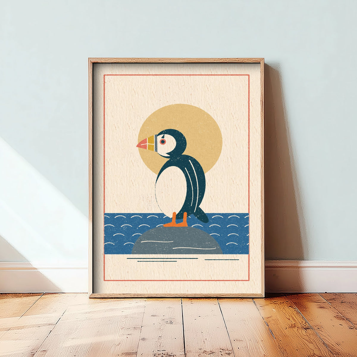 Puffin Art Print - Retro Seabird Poster - Linocut Style Clifftop Illustration V1 2/3