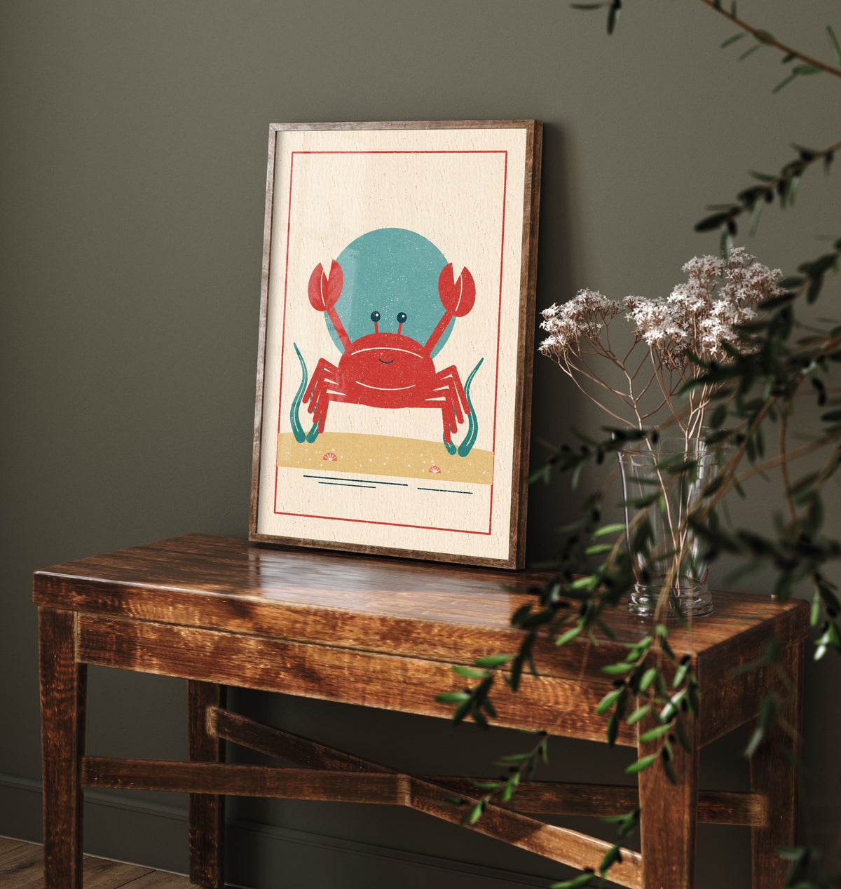 Red Crab Art Print - Seashore Linocut Style Poster - Smiling Beach Crab Illustration V1 3/3
