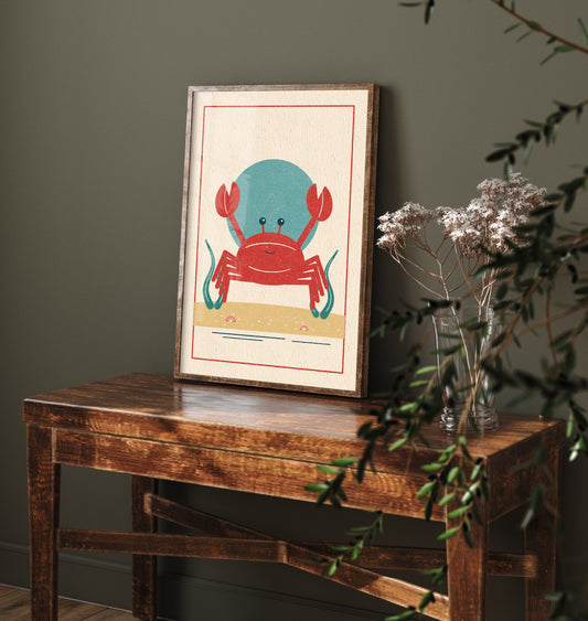 Red Crab Art Print - Seashore Linocut Style Poster - Smiling Beach Crab Illustration V1 3/3